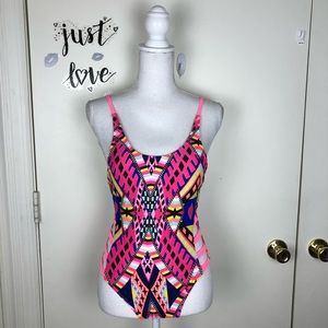 CORAL TROPIC 1 PC SWIMSUIT AZTEC PRINT CUTOUTS XS